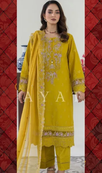 Pakistani Original Hayat Luxury Stitched Cotton 3 Pcs _ Mustard 
